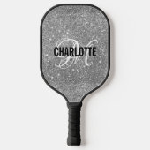 Zilver glitters witte script monogram naam pickleball paddle (Achterkant)