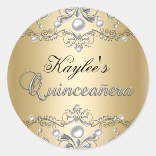 Zilver & Goud Damast Parel Quinceanera Sticker