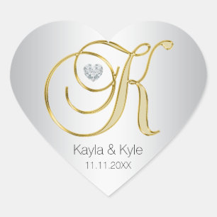 Zilver Goud Monogram 'K' Bruiloft Envelop Afdichti Hart Sticker