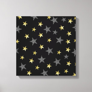 Zilver & Gouden Sterren Zwarte Hollywood Sterrenfe Canvas Afdruk