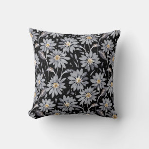 Zilver Grey Daisies op Black Reversible Floral Kussen
