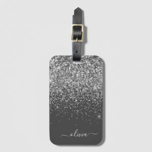 Zilver Grey Girly Glitter Sparkle Monogram Name Bagagelabel