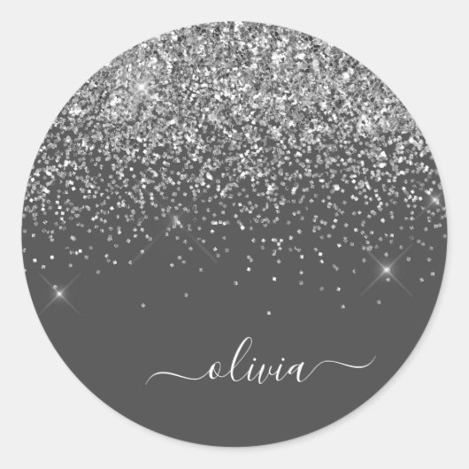 Zilver Grey Girly Glitter Sparkle Monogram Name Ronde Sticker (Voorkant)