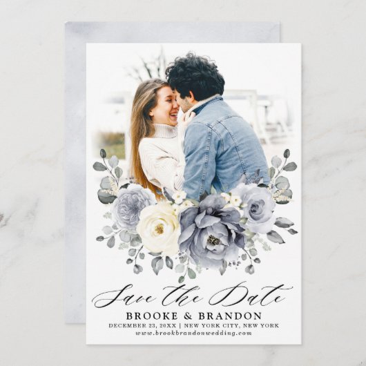 Zilver grijs ivoor - winterhuwelijk save the date (Voorkant / Achterkant)