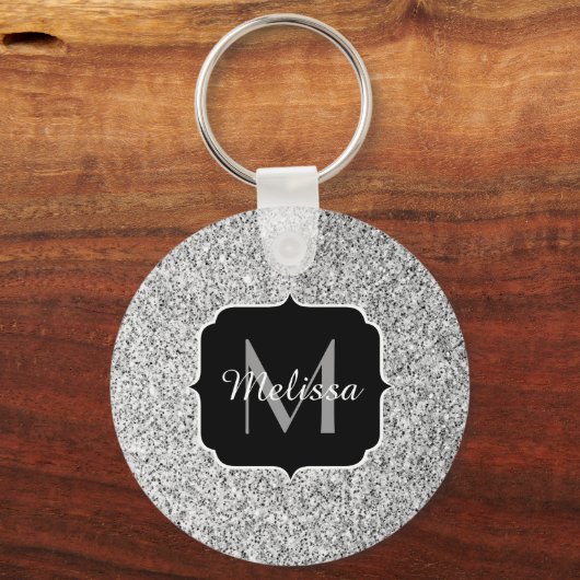 Zilver grijs lichtglitter sparkles Monogram Sleutelhanger (Achterkant)