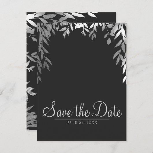Zilver & Grijs Modern Glam Botanisch Save the Date Aankondigingskaart (Voorkant / Achterkant)