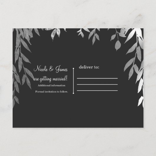 Zilver & Grijs Modern Glam Botanisch Save the Date Aankondigingskaart (Achterkant)