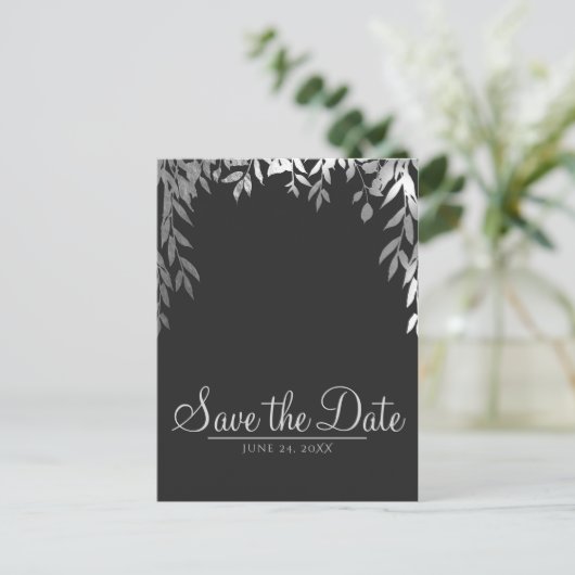 Zilver & Grijs Modern Glam Botanisch Save the Date Aankondigingskaart (Staand voorkant)