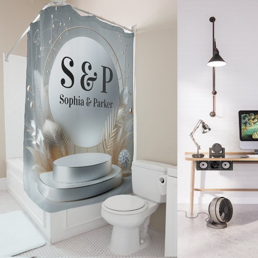 Zilver Grijs Podium Monogram Modern Script Wedding Douchegordijn