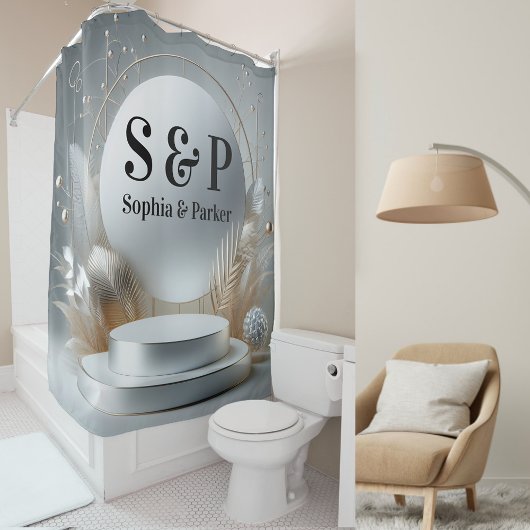 Zilver Grijs Podium Monogram Modern Script Wedding Douchegordijn