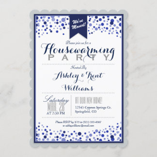 Zilver Grijs, Wit, Navy Blue Housewarming Party Kaart