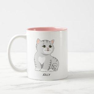 Zilver-grijze tabby poes & gepersonaliseerde tekst tweekleurige koffiemok