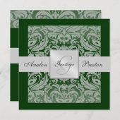 Zilver & Groen Monogram Damask Border Uitnodiging (Voorkant / Achterkant)