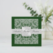 Zilver & Groen Monogram Damask Border Uitnodiging (Staand voorkant)