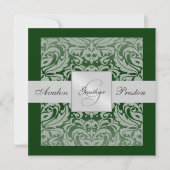 Zilver & Groen Monogram Damask Border Uitnodiging (Voorkant)