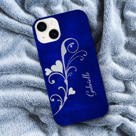 Zilver Heart Swirl Sparkle on Blue Case-Mate iPhone 14 Hoesje