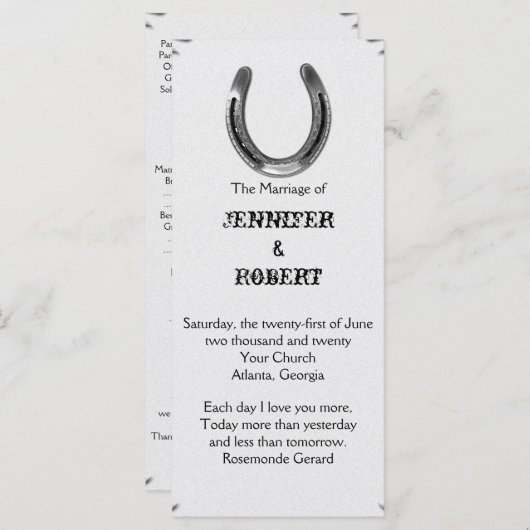 Zilver Hoefijzer op wit bruiloft programma (Voorkant / Achterkant)