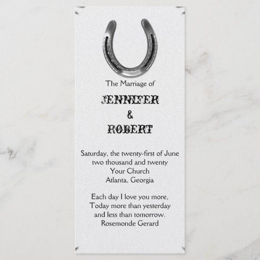 Zilver Hoefijzer op wit bruiloft programma (Voorkant)