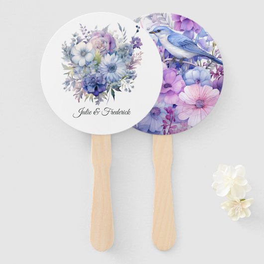 Zilver, Icy Blue en Lila Bloemenbruiloft Handwaaier (Voorkant en achterkant)
