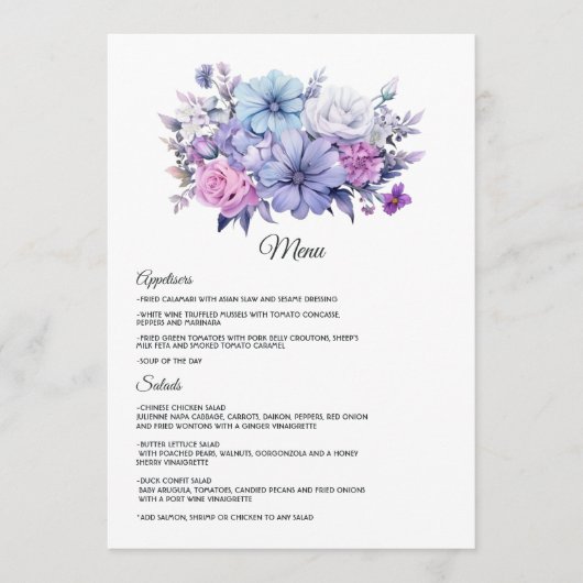 Zilver, Icy Blue en Lila Bloemenbruiloft Menu (Voorkant)