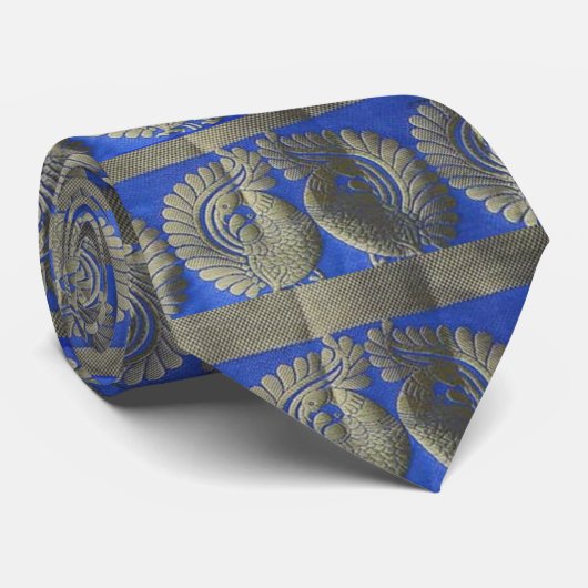 Zilver Indische vogels op Blue Sari Pattern NeckTi Stropdas (Opgerold)