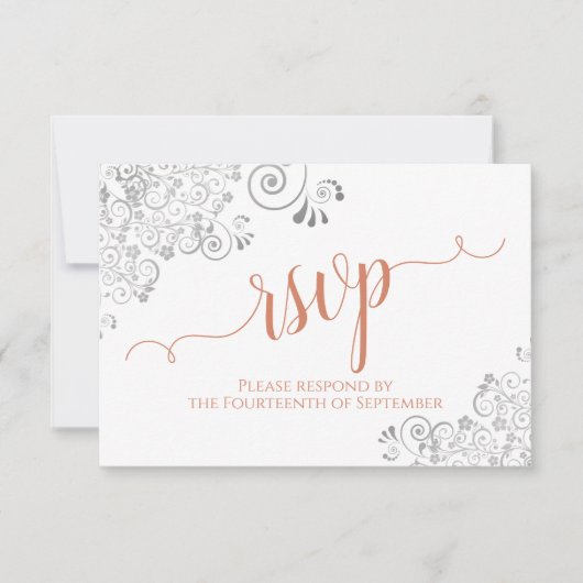 Zilver & Koraal op Wit Elegant Script Wedding RSVP Kaartje (Voorkant)