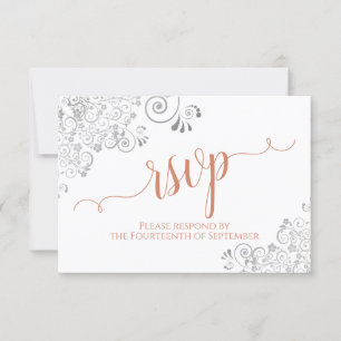 Zilver & Koraal op Wit Elegant Script Wedding RSVP Kaartje