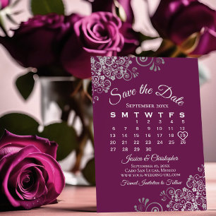 Zilver & Magenta Plum Elegante Trouwkalender Save The Date
