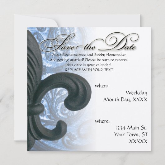 zilver/marine "iron fleur de lis" save the date (Voorkant)