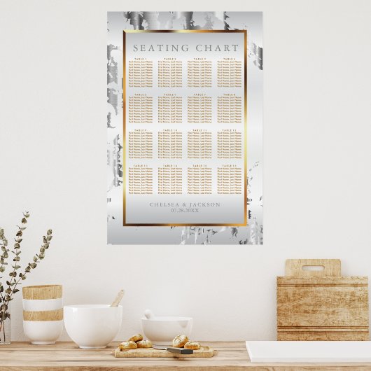 Zilver Marmer, Goud en Wit Satijn - Zitkaarten Poster (Keuken)