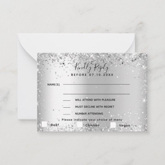 Zilver menu keuze bruiloft RSVP kaart (Voorkant)