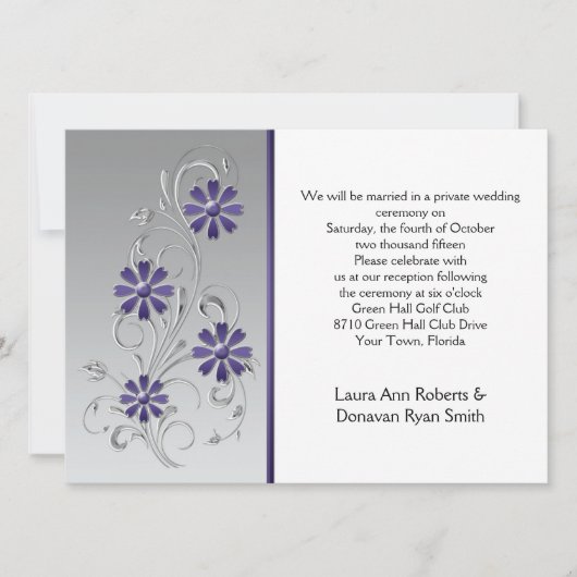 Zilver met paarse bloemen alleen receptie kaart (Voorkant)