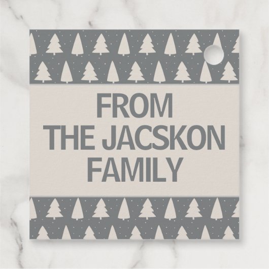 Zilver met witte pijnboom en snowflake kerstboom bedankjes labels (Achterkant)