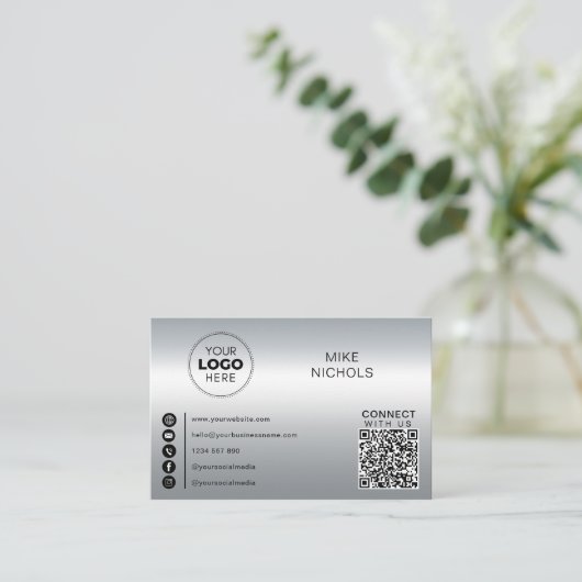 Zilver Metallic Effect QR-code Verbind met ons Visitekaartje (Staand voorkant)