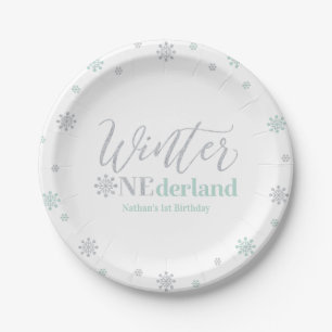 Zilver & Mint Winter Onederland 1e Verjaardagsfees Papieren Bordje
