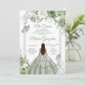 Zilver Mis Quince Sage Groen Bloemen Quinceañera Kaart (Staand voorkant)
