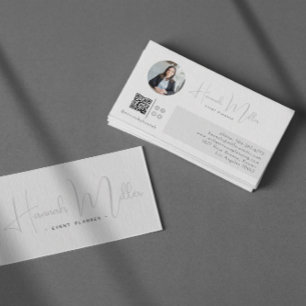 Zilver Moderne Elegante Minimalistische Foto QR- Visitekaartje