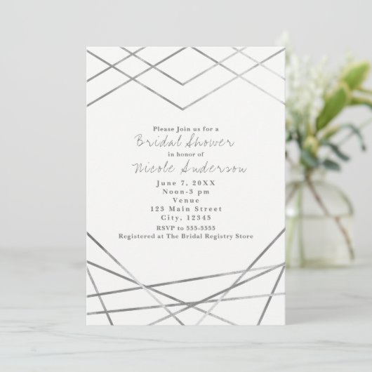 Zilver Moderne Geometrische Lijnen Party Uitnodigi Kaart (Staand voorkant)