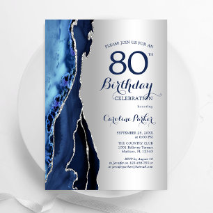 Zilver Navy Blue Agaat 80e verjaardag Kaart