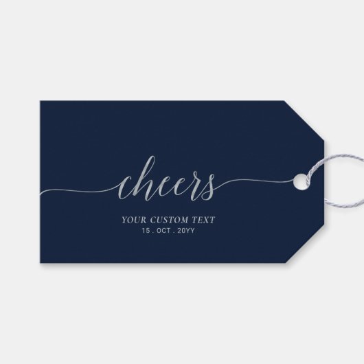 Zilver & Navy Elegant Script Proost Evenement Fees Cadeaulabel (Voorkant (Horizontaal))