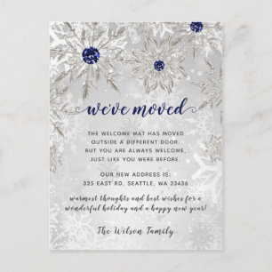Zilver Navy Snowflakes Holiday Moving Announement Briefkaart