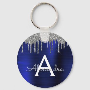 Zilver Navyblauw Glitter Roestvrijstaal Monogram Sleutelhanger