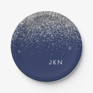 Zilver Navyblauw Meisjesachtig Glitter Glans Monog Papieren Bordje