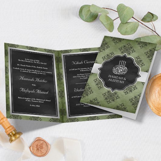 Zilver Olijfgroen Zwart Damast Moslim Bruiloft