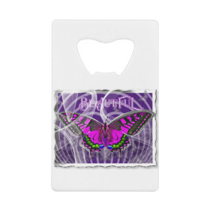 Zilver omhulde kleurrijke vlinder met wervelingen kredietkaart flessenopener