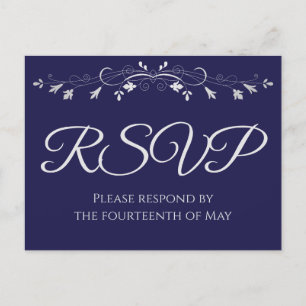 Zilver op Navy Blue Elegant Wedding RSVP Briefkaart