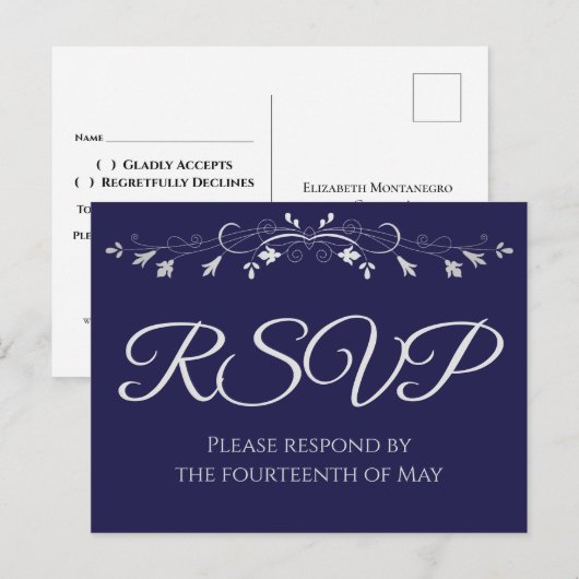 Zilver op Navy Blue Elegant Wedding RSVP Briefkaart (Voorkant / Achterkant)