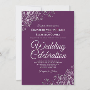 Zilver op pruimpaarse eenvoudige elegante trouw kaart