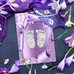 Zilver Paars Baby Shower Voeten Jongen Meisje 3d Kaart