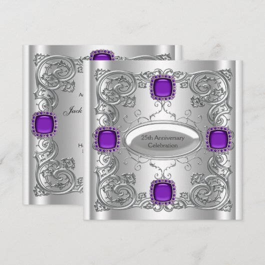 Zilver Paarse 25th Wedding Jubileum Party Kaart (Voorkant / Achterkant)